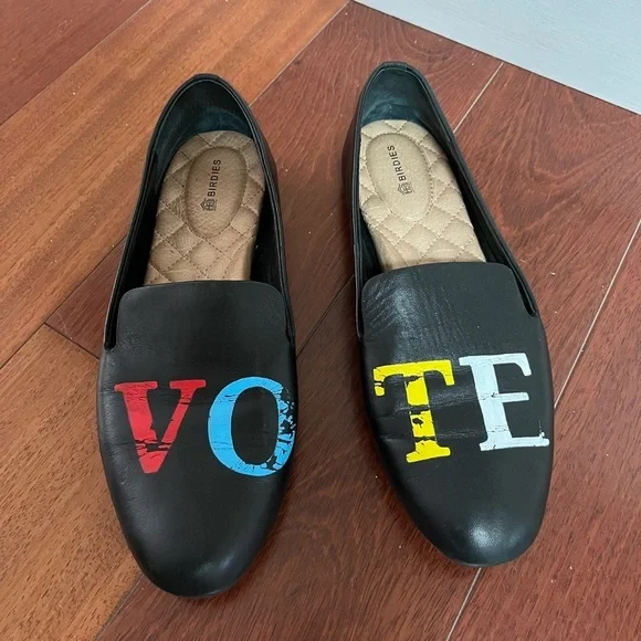 BIRDIES Limited Edition VOTE black leather loafers flats Womens Sz 7.5